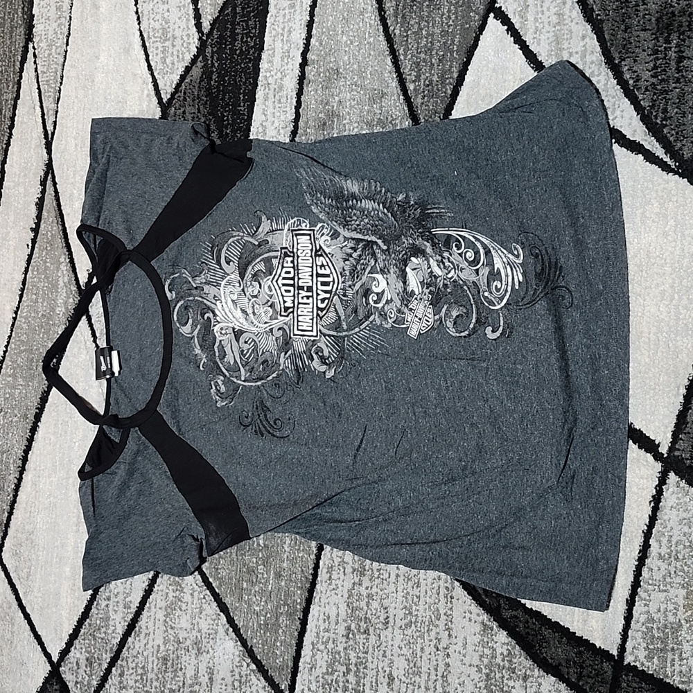 VINTAGE HARLEY DAVIDSON SILVER SHINE BAR & SHIELD LOGO EAGLE SCOOP-NECK T-SHIRT